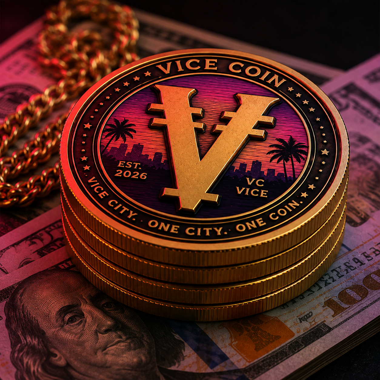 Stack of Vice Coins resting on cash