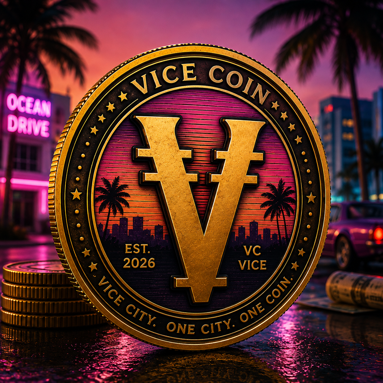 Gold Vice Coin standing upright on a Vice City street at sunset