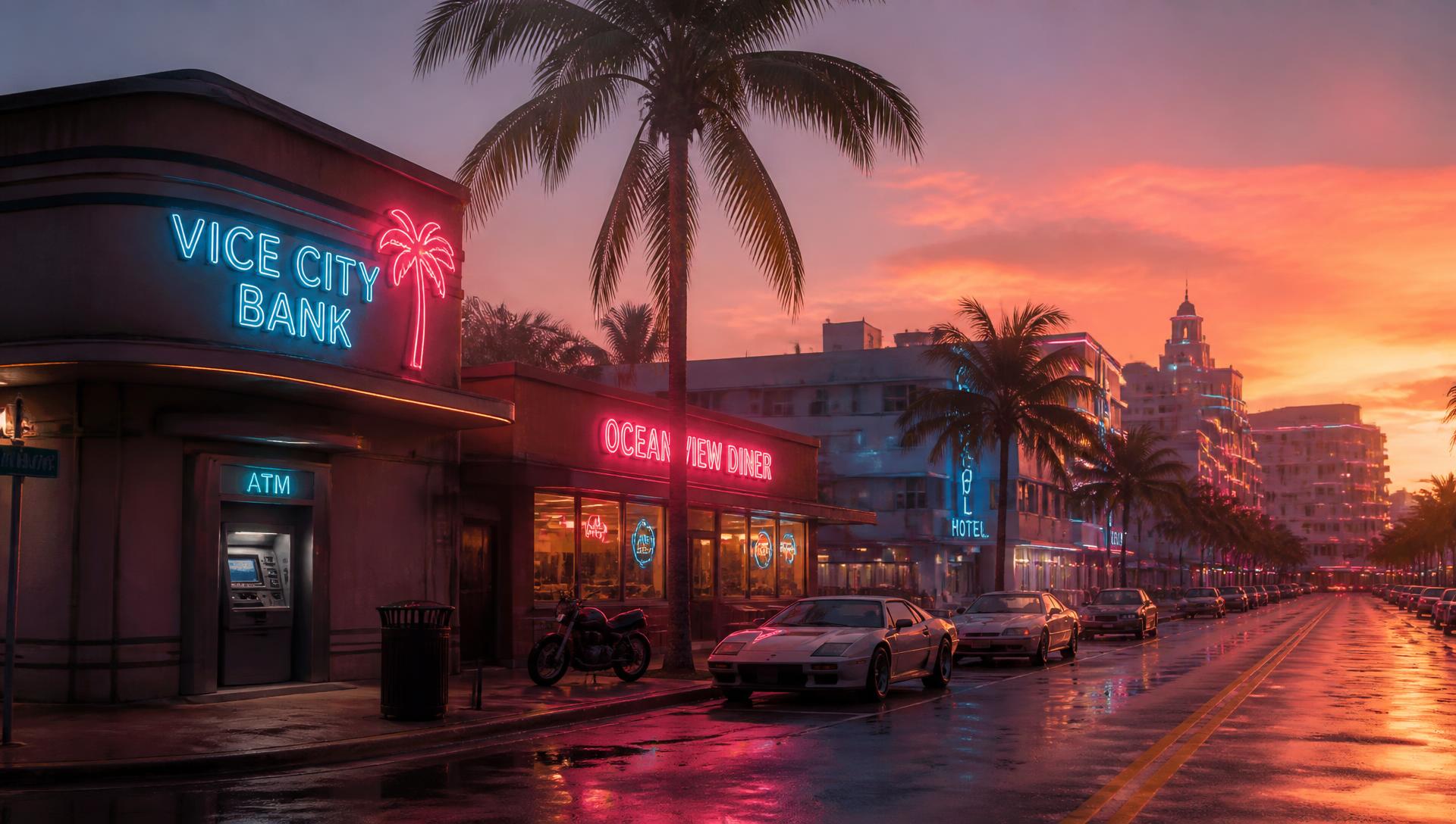 Vice City street at sunset with a bank branch, ATM, diner and parked cars